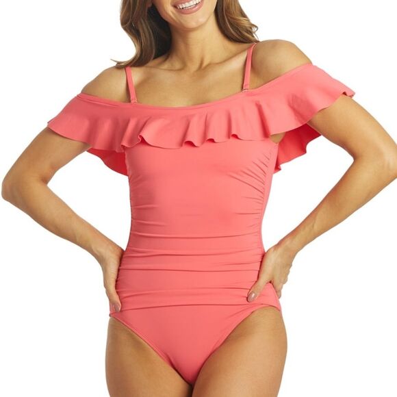 Tommy Bahama Pearl Off The Shoulder One Piece Swimsuit Sz 16 New Coral Coast - Picture 1 of 9